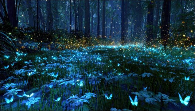 Magical forest at night, glowing flowers and butterflies