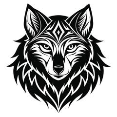 Obraz premium Pure black tribal-style design of a howling wolf face in side profile with stylized fur details, isolated on white background.