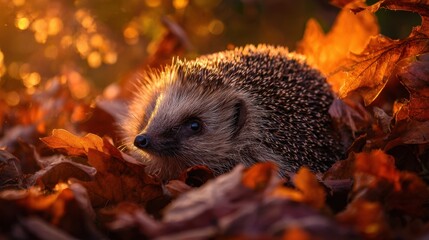 Curled hedgehog nestled in vibrant autumn leaves illuminated by golden light during a peaceful fall afternoon