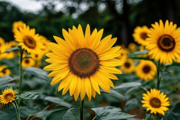 Obraz premium Vibrant sunflowers stand tall under the bright summer sky in a scenic field filled with golden petals