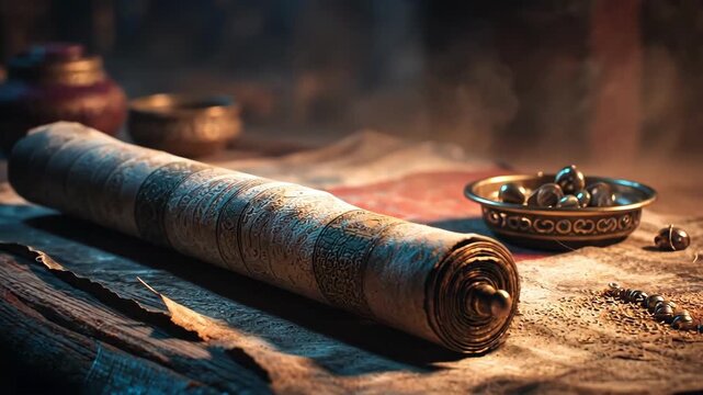 Ancient scroll and metallic beads on aged paper, mystic mood