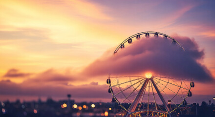 Magical Sunset Ferris Wheel Emerging from Dreamy Clouds – Luxury Travel, Fantasy Amusement Park, Cinematic Skyline, Vibrant Sunset Hues, Editorial