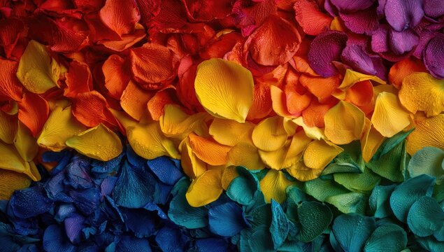 Colorful rose petals arranged in a spectrum