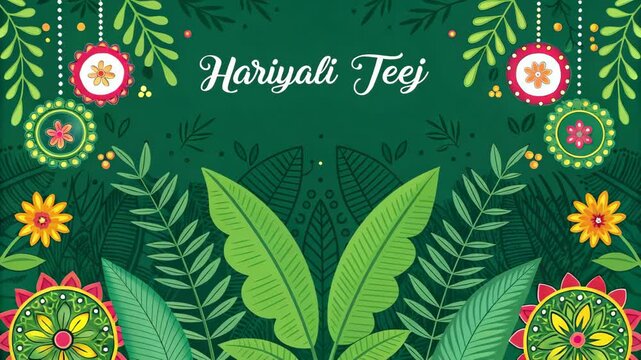 Vibrant Hariyali Teej Festival Illustration with Leaves