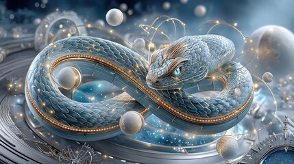 Fantasy snake entwined in cosmic elements and celestial bodies.