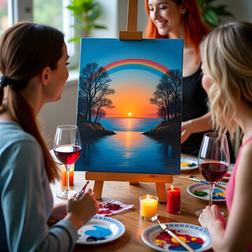 Paint and Sip Party: Three Friends Creating Sunset Landscape Painting with Rainbow - Art Class with Wine Glasses, Candles & Easel Relaxed Creative Workshop