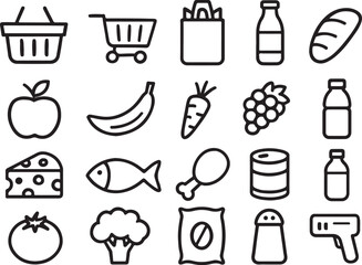 Grocery shopping icons featuring food and containers basket cart