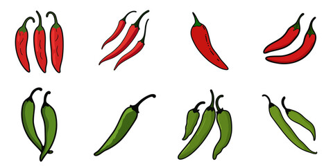 Obraz premium Multiple vector illustrations of chili pepper with doodle-like drawings