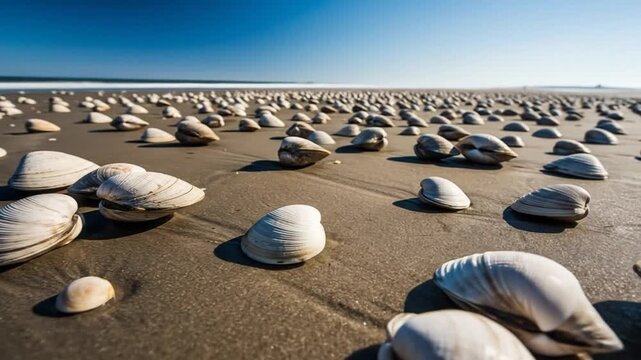 Thousands of clams cover a sandy beach.