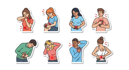 Illustration depicting various people experiencing different types of physical pain in their bodies, indicated by red circles.