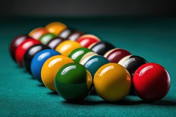 Colorful billiard balls shine on green felt, neatly arranged and ready for an inviting game of skill to begin
