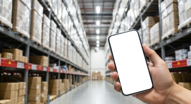 A hand holds a smartphone with a blank white screen in a large warehouse filled with shelves of boxes