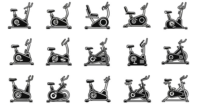 Fifteen different styles of exercise bikes are arranged in rows on a white background, depicted in black and white line art.