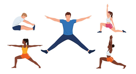 Diverse group of people depicted in various yoga poses and stretching exercises on a white background.