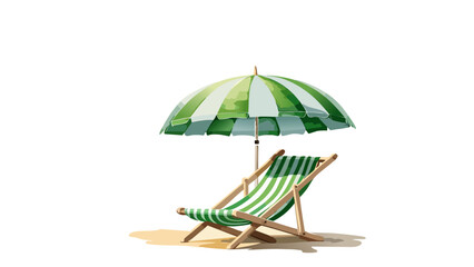 Green  striped beach chair and umbrella watercolor illustration 