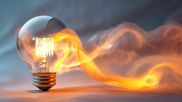 Glowing incandescent lightbulb with fiery smoke