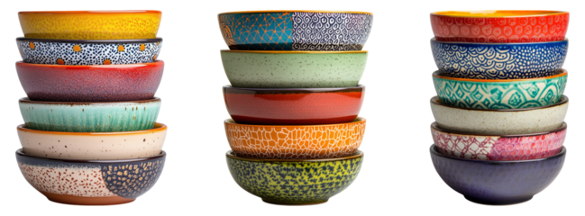 Stacked Colorful Ceramic Bowls Isolated on Transparent Background