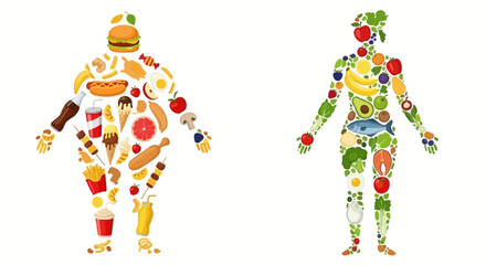 Two human figures, one filled with unhealthy foods and the other with healthy foods, illustrating contrasting dietary choices.