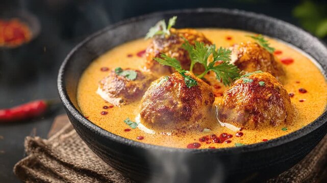 Malai kofta indian food on dark background with smoke