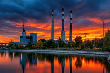 Naklejka premium Breathtaking sunset reflecting on tranquil waters beside industrial power plant in vibrant hues of orange and red
