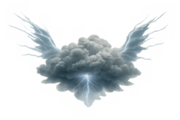 Storm cloud unleashing wing-shaped cloud formations with electric lightning, generating intense atmospheric drama on transparent backdrop