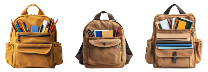 Three assorted backpacks filled with school supplies on a transparent background