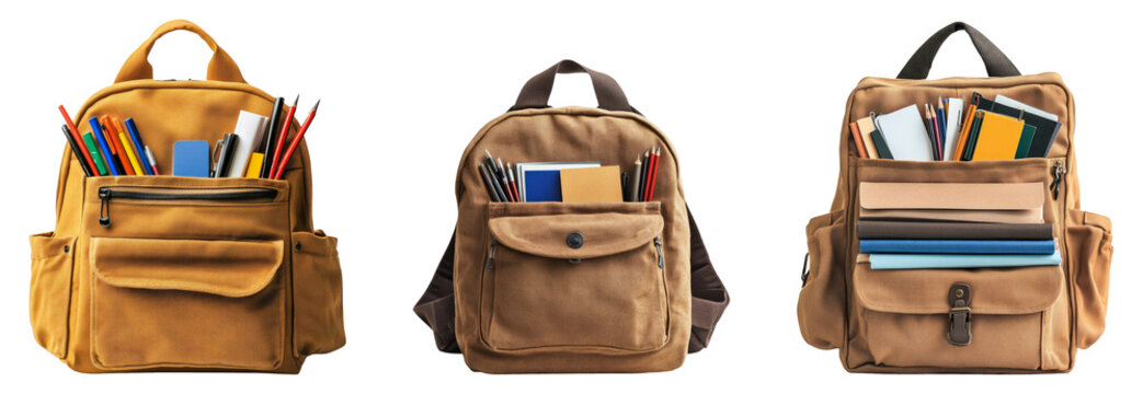 Three assorted backpacks filled with school supplies on a transparent background