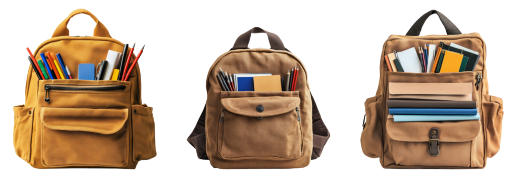 Three assorted backpacks filled with school supplies on a transparent background