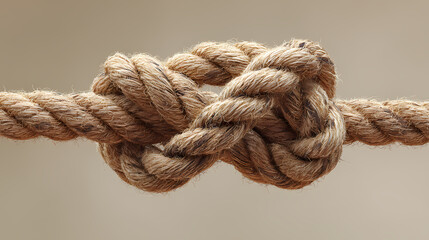Tightly knotted rope loop hangs against a neutral backdrop, emphasizing texture and tension, struggle, detail. tied loop. Illustration