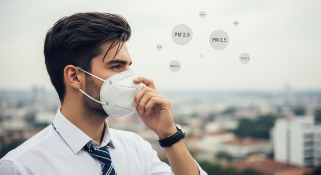 Man wearing pm 2 5 mask against polluted cityscape