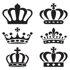 A collection of ornate crown silhouettes, symbolizing regal authority and historical significance isolated on white background