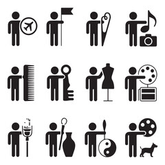 A collection of various stick figure icons representing different professions and hobbies, isolated on white background
