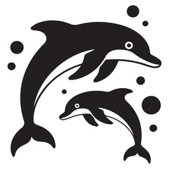 Obraz premium Two playful dolphins swim together in the deep blue sea, their sleek bodies gliding effortlessly through the water, surrounded by shimmering bubbles, isolated on white background