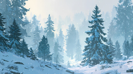 Snowy pine forest landscape on a cold winter day, a scenic view with falling snow. cold haze. Illustration