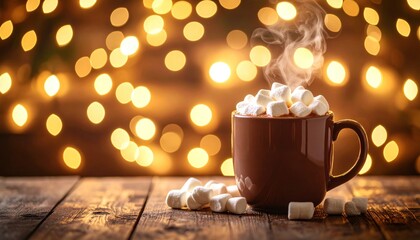 Warm Cocoa with Marshmallows: Festive Bokeh Lights and Rustic Wood