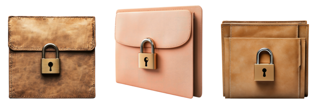Three leather envelopes with locks displayed on a transparent background