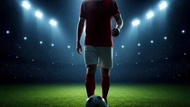 Soccer Player in Red Uniform Standing in Stadium with Bright Lights and Green Grass at Night - Powered by Adobe