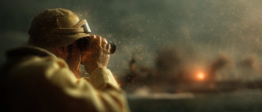 Naval gunner with binoculars and ship silhouette in double exposure