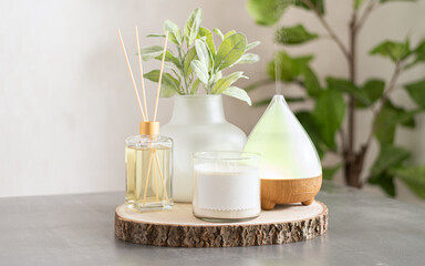 Aromatic home wellness setup with reed diffuser, white soy candle, frosted glass vase with sage...