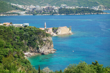 panoramic of Mogren beach in Budva riviera, coast of Montenegro