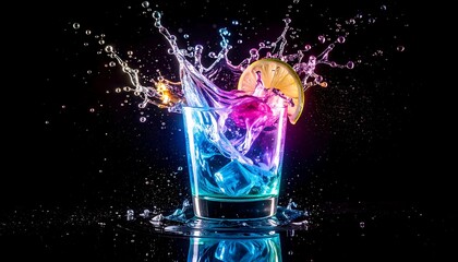 Vibrant cocktail splash showcases a colorful drink with ice cubes and a lime wedge on a dark reflective surface.