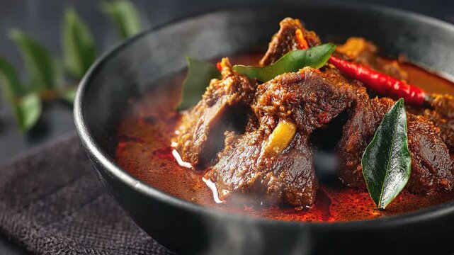 Mutton curry indian food on dark background with smoke