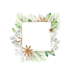 Watercolor square frame on white background. Hand drawn illustration with green leaves, fir twigs, white berries, and star anise. The design is elegant and suitable for invitations or greeting cards.