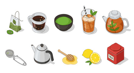 Isometric illustration of various tea preparations and accessories on a white background scene view