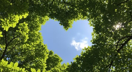 Heart shaped canopy of green leaves against a bright blue sky