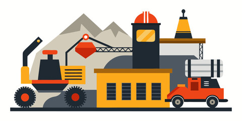 This illustration of an industrial area bustling with activity depicts a work environment focused on heavy industry, such as mining, construction, or manufacturing.
