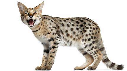 Naklejka premium Fierce and surprised savannah cat with puffed up fur and intense glare posed spiritedly against a transparent white backdrop showcasing its captivating and powerful feline features. reactive glare.