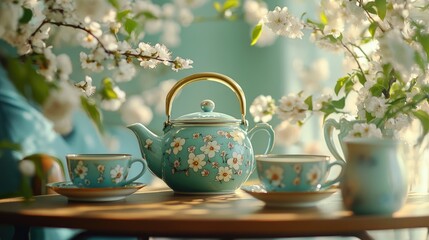 
view of coffee and kettle placed on a table decorated with plants