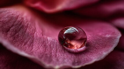 Macro photo of fresh dewdrop on a vibrant purple flower petal surface.