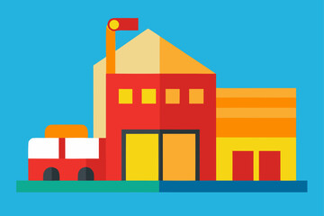 Fototapeta premium Flat design fire station with fire truck illustration